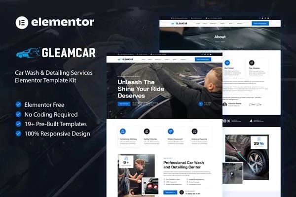 Gleamcar - Kit de plantillas Elementor para servicio de lavado y detallado de autos