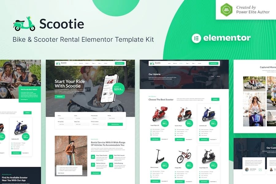 Scootie Kit de plantillas Elementor para alquiler de bicicletas y scooters