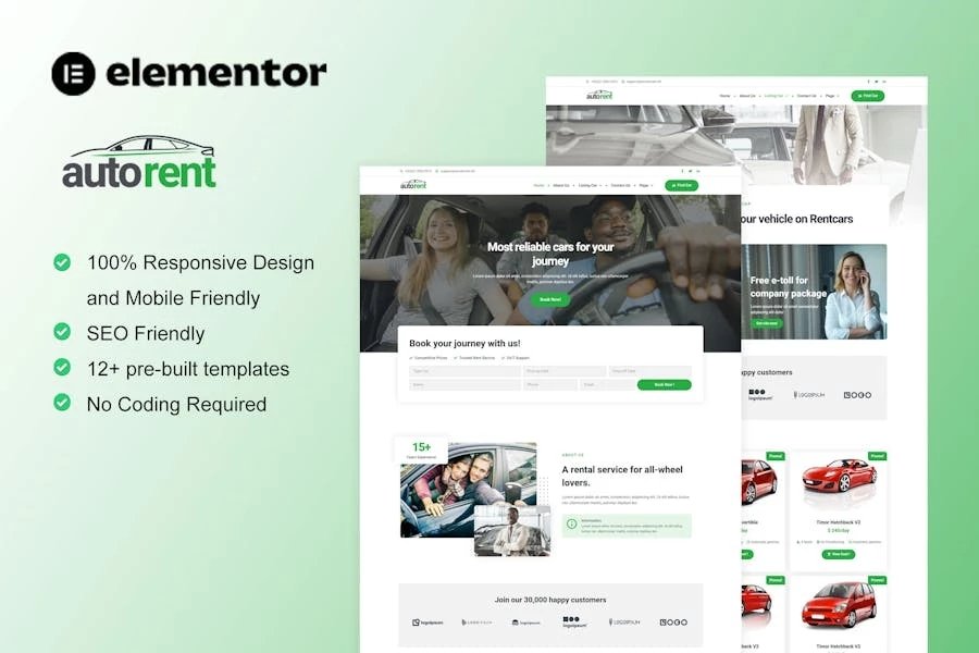 AutoRent - Kit de plantillas Elementor para el servicio de alquiler de vehículos