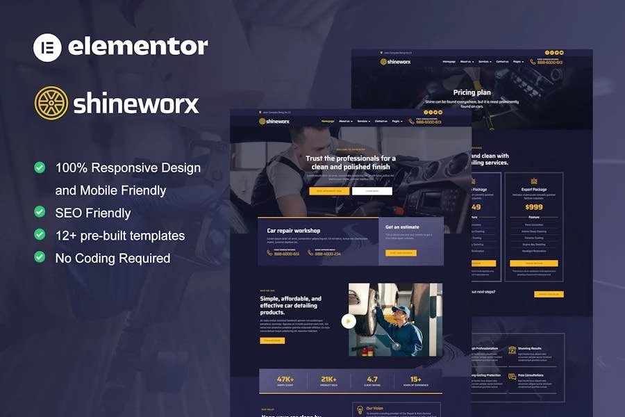 ShineWorx - Template Kit Elementor Pro para servicio de limpieza de automóviles y reparaciones