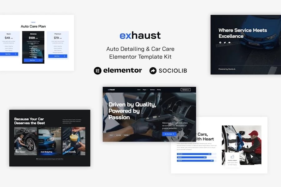 Exhaust - Kit de plantillas Elementor para detalles y cuidado de automóviles