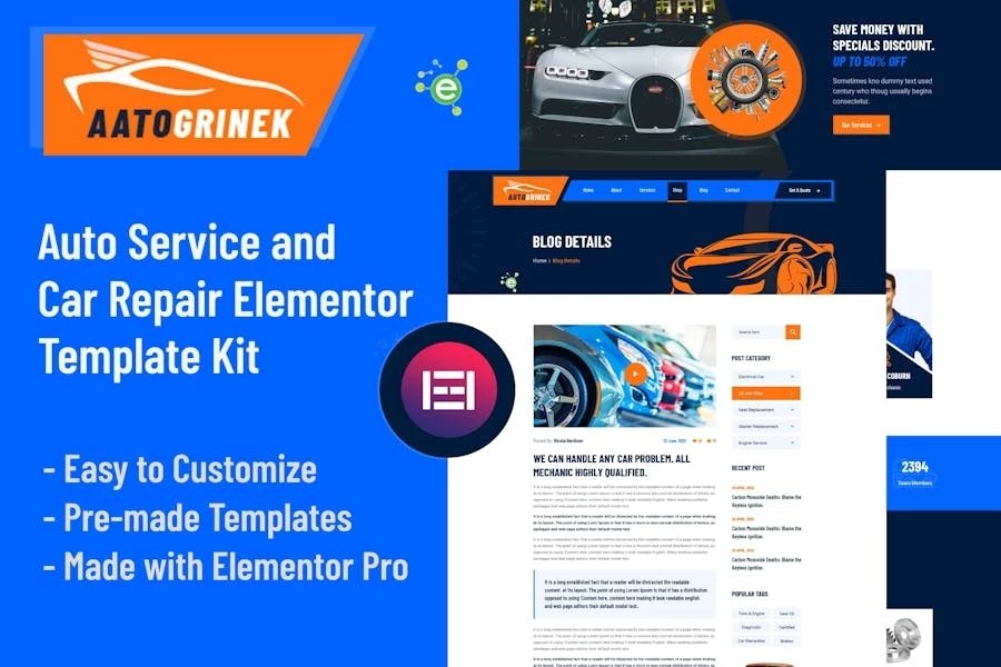 Aatogrinek - Template Kit Elementor para servicios de automóviles y reparación de automóviles