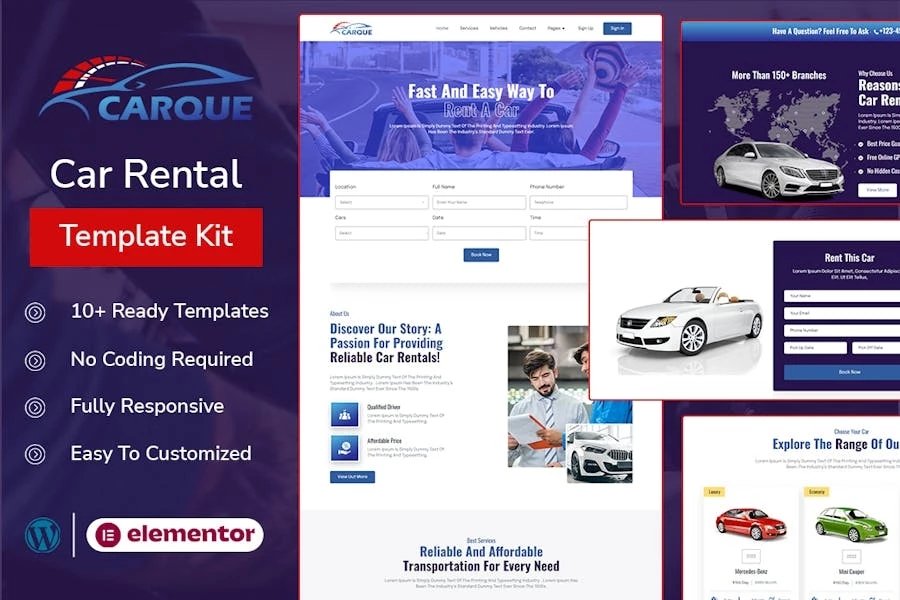 CarQue - Template Kit Elementor para alquiler de automóviles y servicios de automóviles