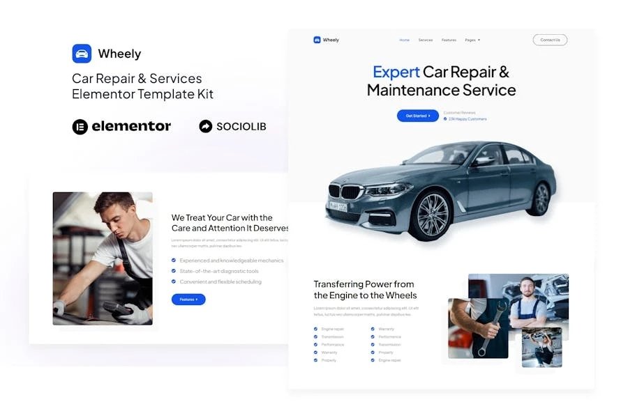 Wheely - Template Kit Elementor para reparación de automóviles y servicios de automóviles