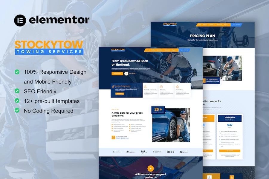 StockyTow - Kit de plantillas Elementor Pro para servicios de remolque