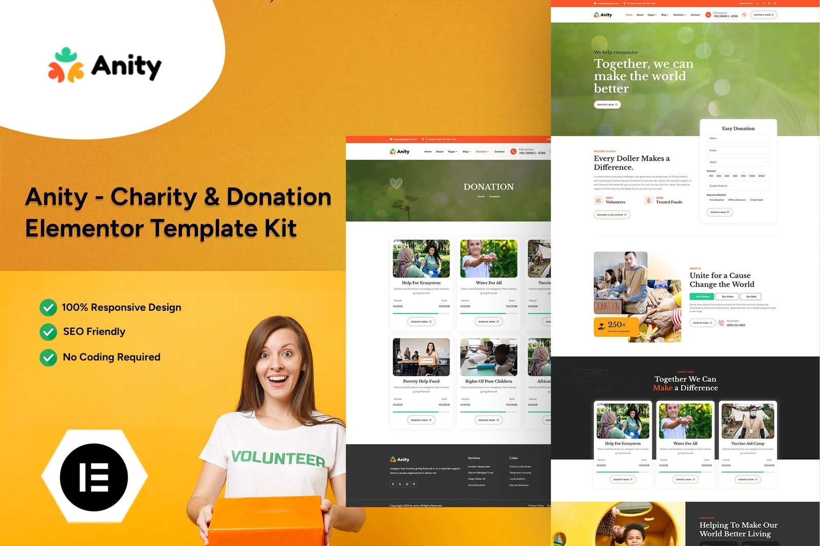 Anity - Kit de plantillas Elementor para organizaciones benéficas y donaciones
