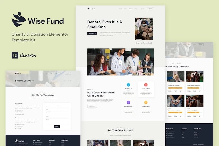 Wise Fund - Template Kit Elementor para organizaciones benéficas y donaciones