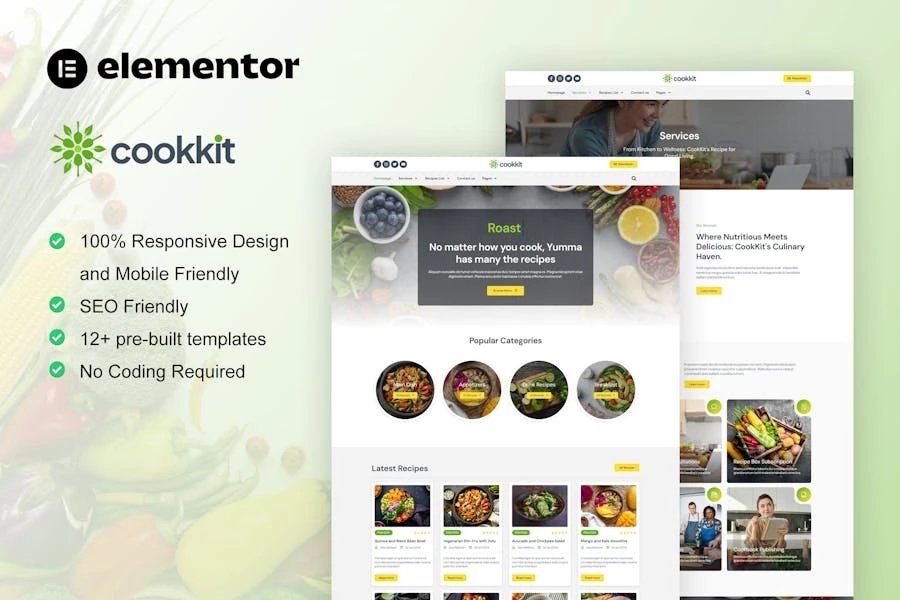 Cookkit - Kit de plantillas Elementor Pro para el servicio de recetas alimentarias y nutrición