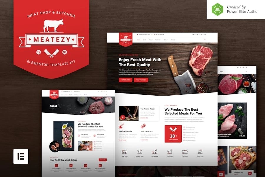 Meatezy Kit de plantillas Elementor para tienda de carne y carnicería