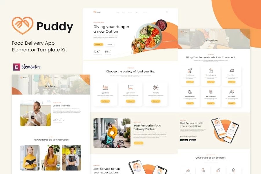 Puddy - Template Kit Elementor Aplicación de entrega de alimentos