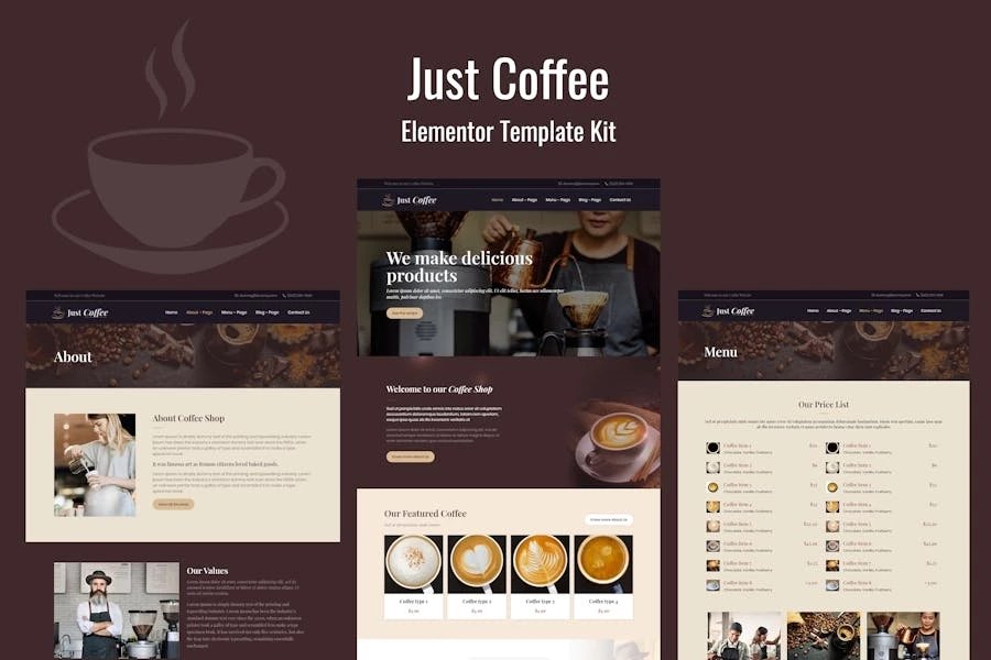 Justcoffee - Kit de plantillas Elementor para café y café