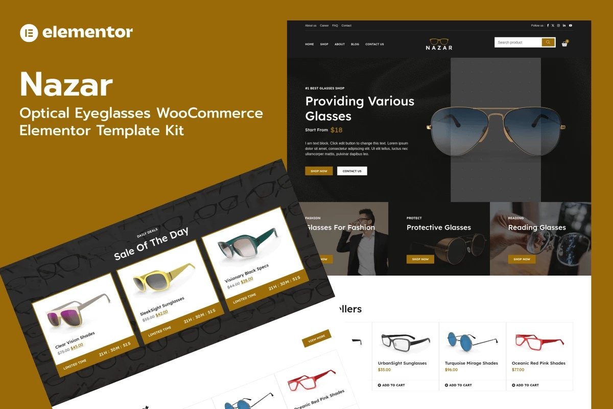 Nazar - Kit de plantillas Elementor Pro de WooCommerce Store para gafas ópticas