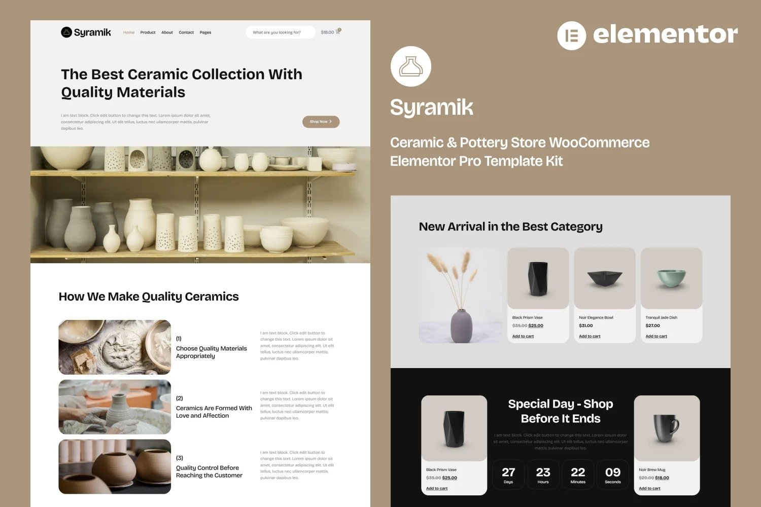 Syramik - Kit de plantillas WooCommerce Elementor Pro para tienda de cerámica y cerámica