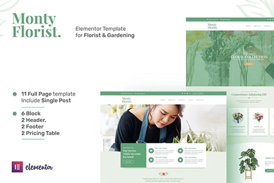 Monty Florist - Kit de plantillas Elementor para boutique de flores y decoración