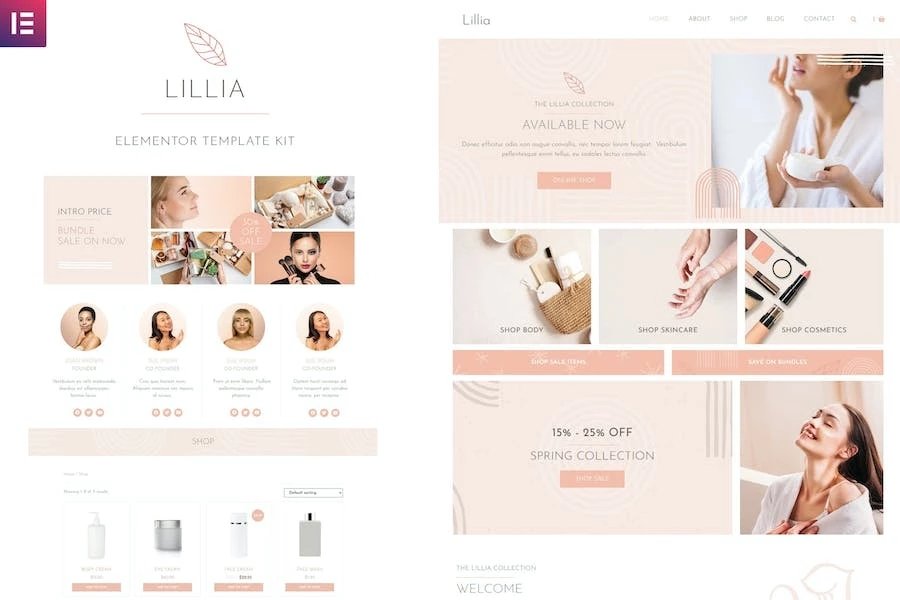Lillia - Kit de plantillas Elementor de belleza y cuidado de la piel