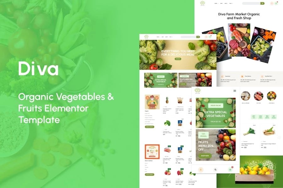Diva - Template Kit Elementor de verduras y frutas orgánicas