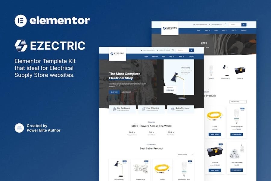 Ezectric Template Kit Elementor para tienda de suministros eléctricos