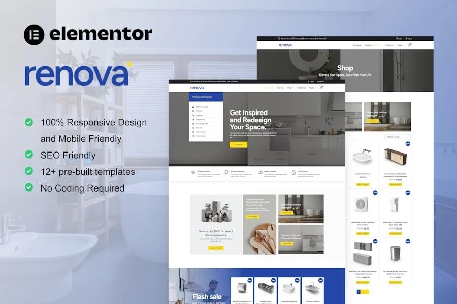 Renova - Kit de plantillas Elementor Pro para tienda de suministros de cocina, baño y renovación
