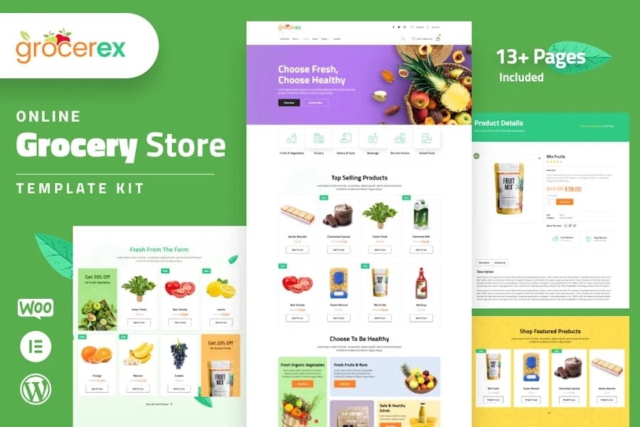 Grocerex - Kit de plantillas Elementor Pro para tienda de comestibles