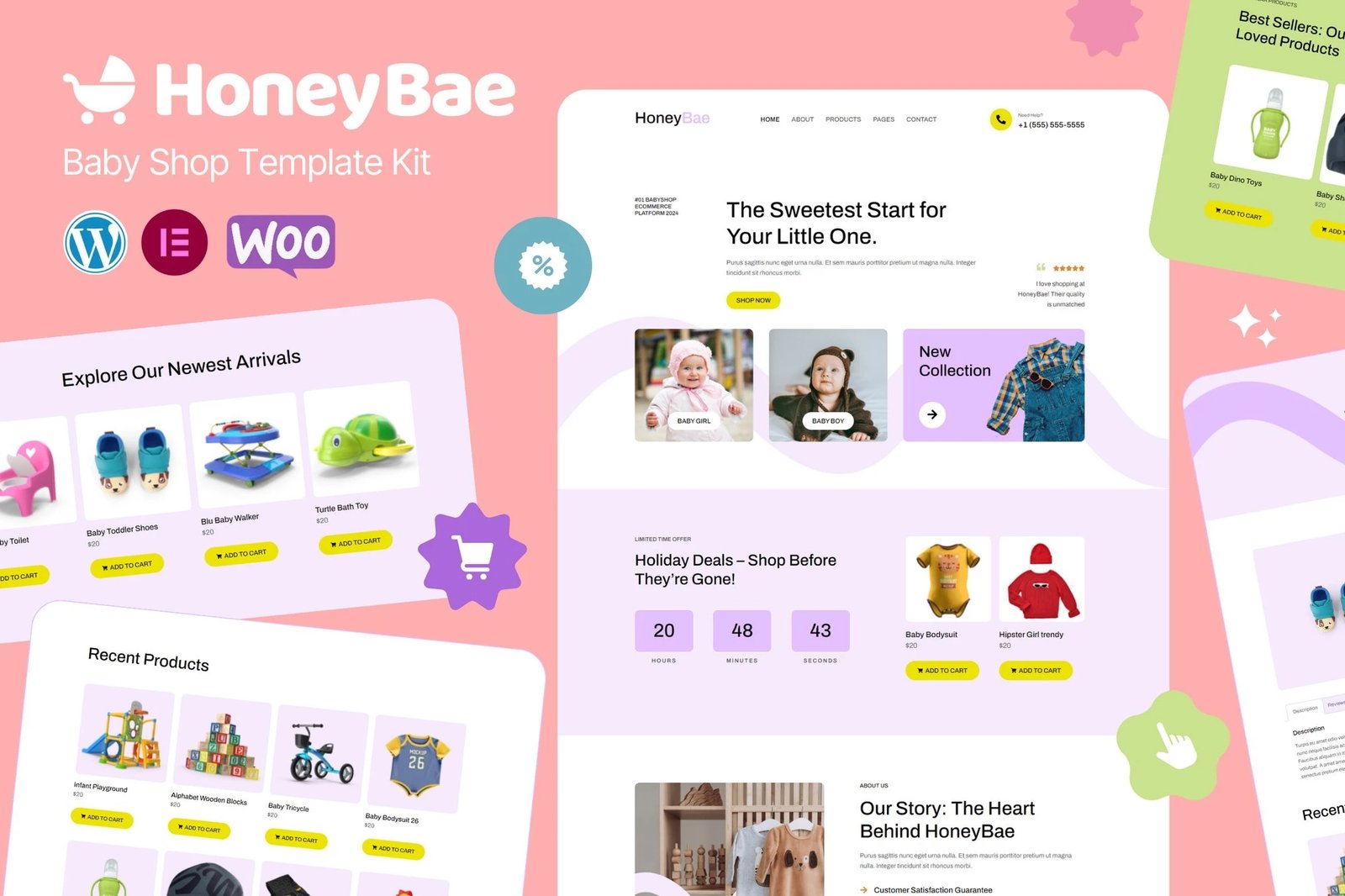 HoneyBae - Kit de plantillas Elementor Pro para comercio electrónico para tiendas de bebés