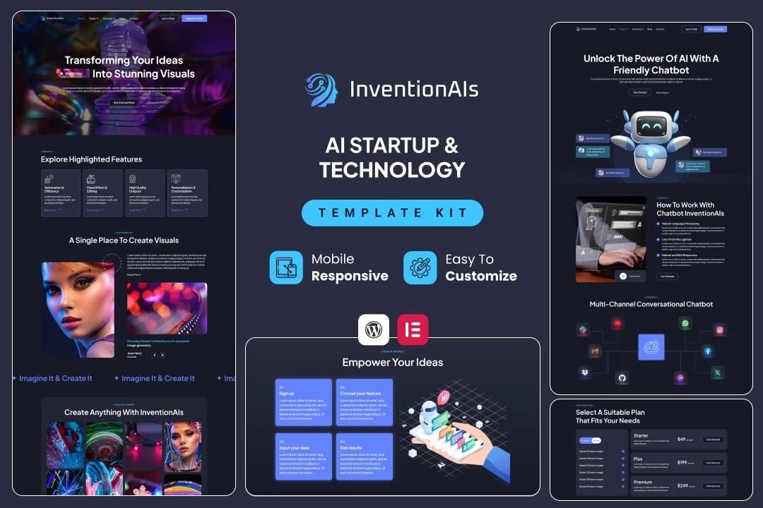 InventionAIS - Kit de plantillas Elementor para empresas emergentes de IA y tecnología
