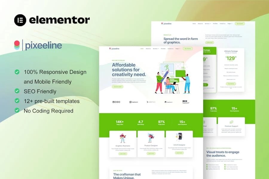 Pixeeline - Template Kit Elementor para agencia creativa y freelance de ilustración Gráficos