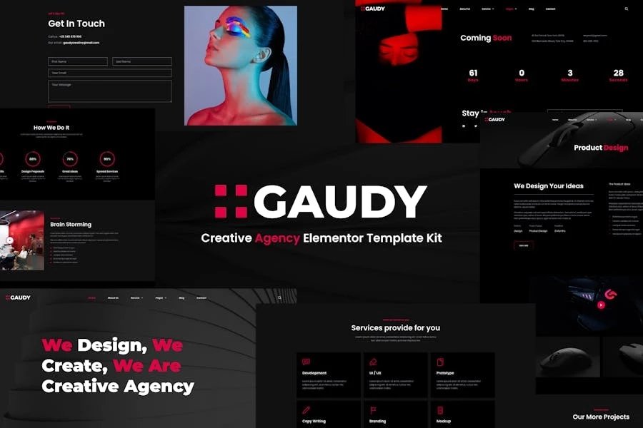 Gaudy Kit de plantillas Elementor para agencia digital oscura