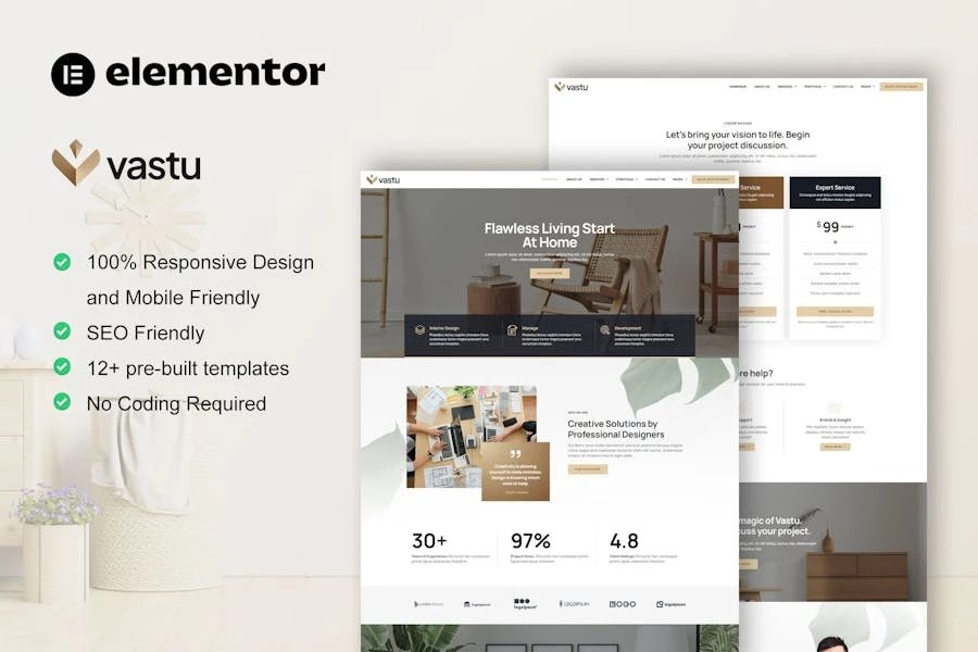 Vastu - Kit de plantillas Elementor Pro del Servicio de Diseño de Interiores