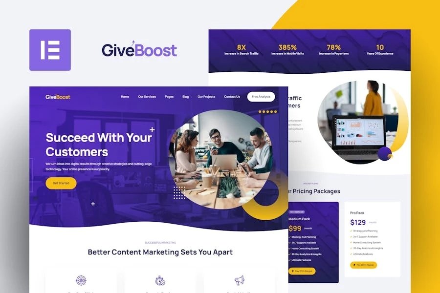 GiveBoost - Kit de plantillas Elementor para agencias de marketing digital