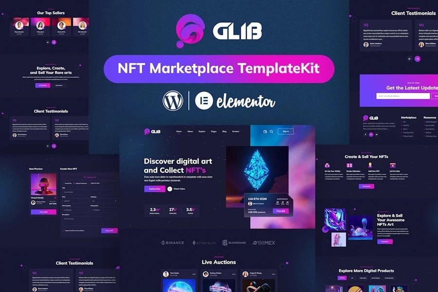 Glib Template Kit de Elementor Pro de NFT Marketplace