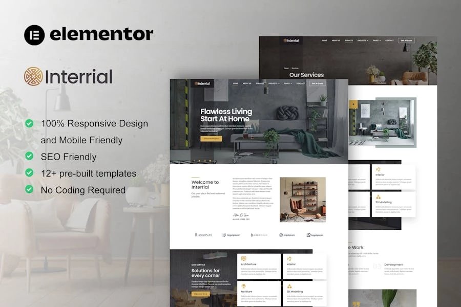 Interrial - Template Kit Elementor para servicios de diseño de interiores