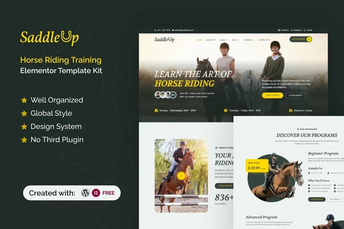 SaddleUp - Kit de plantillas Elementor para entrenamiento de equitación
