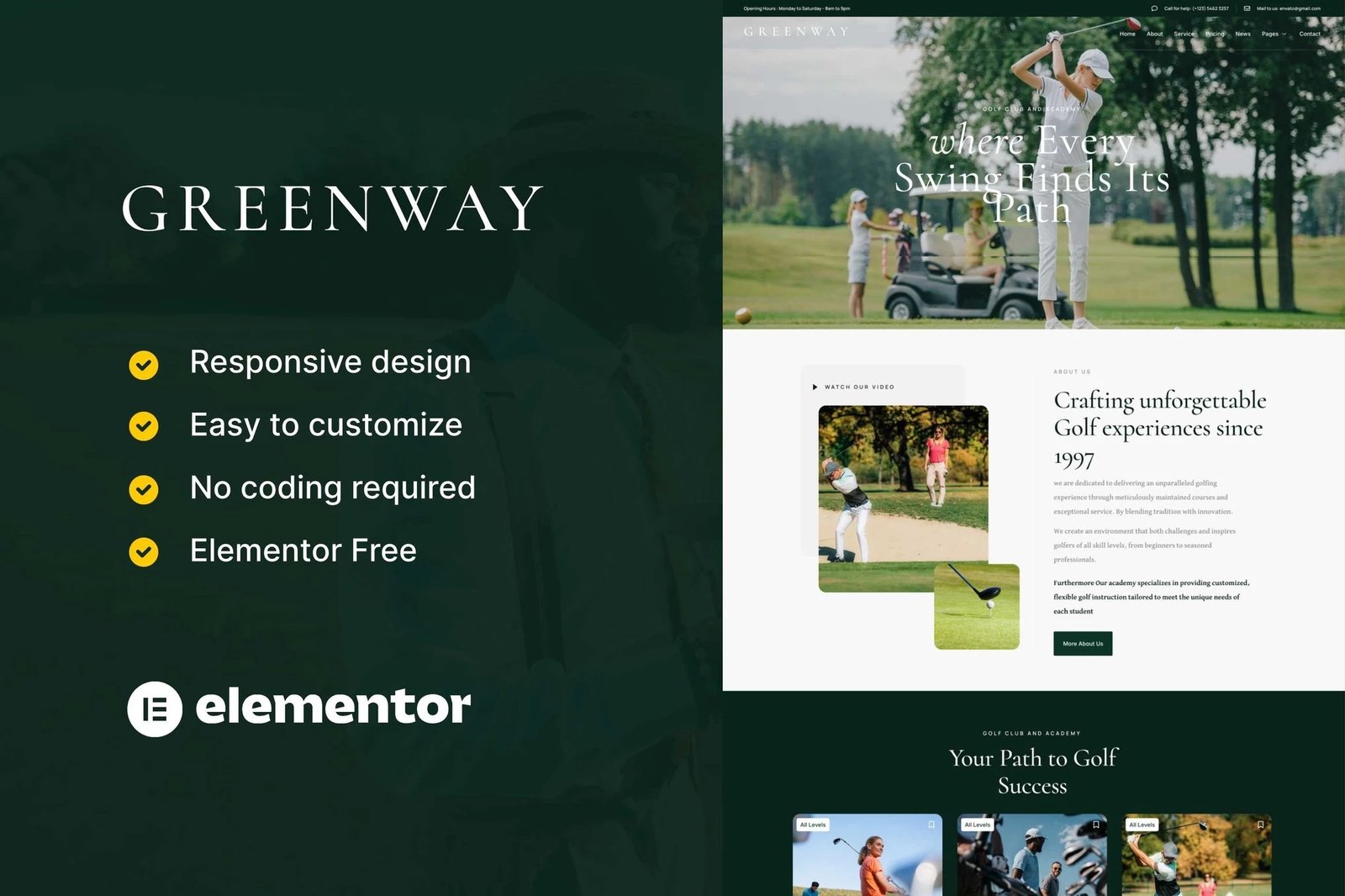 GreenWay - Kit de plantillas Elementor para campos y clubes de golf
