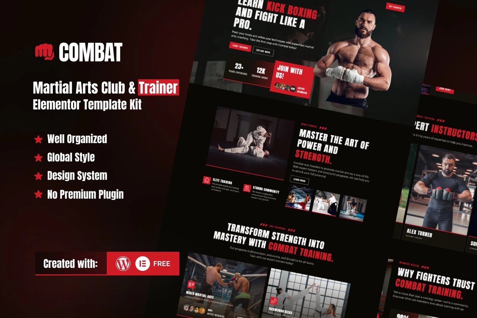 Combat Kit de plantillas Elementor para clubes de artes marciales y entrenadores