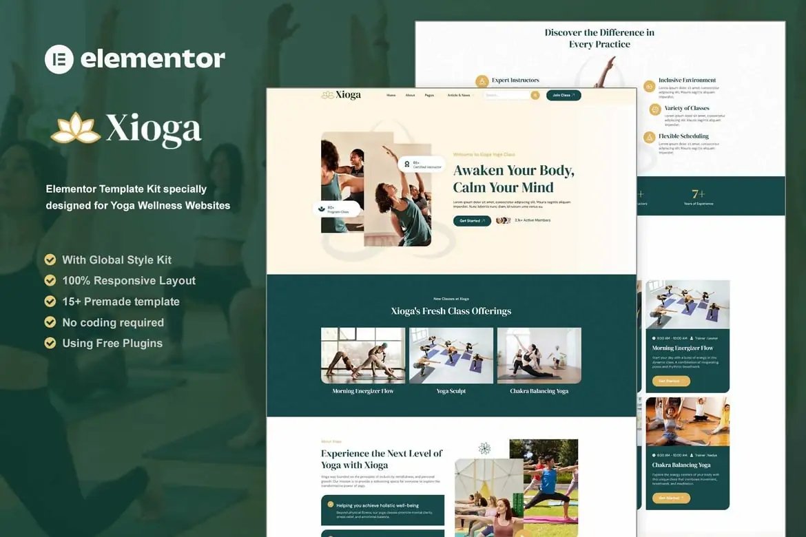 Xioga - Kit de plantillas Elementor para yoga y bienestar