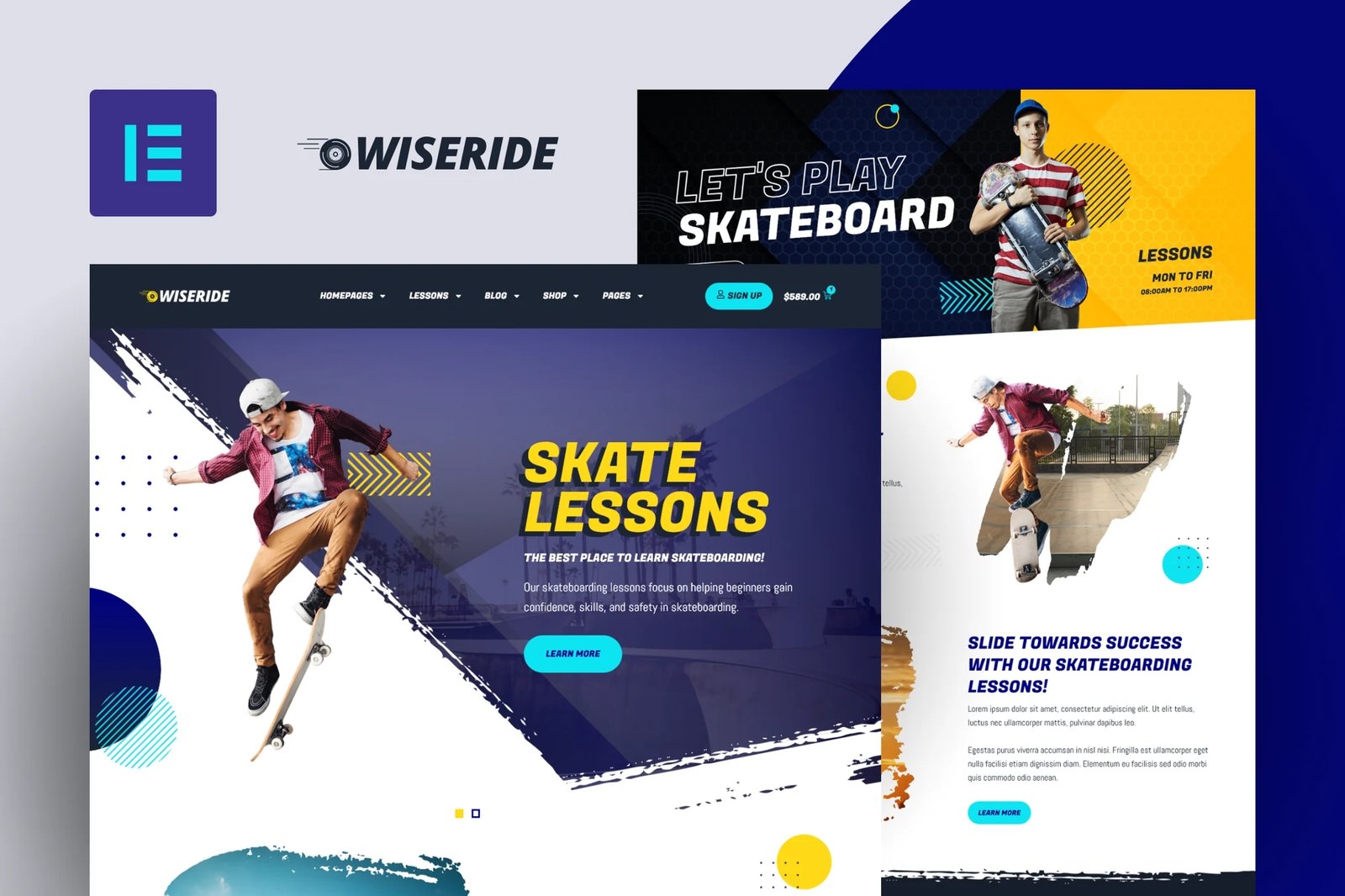 WiseRide - Kit de plantillas Elementor Pro para lecciones de skate