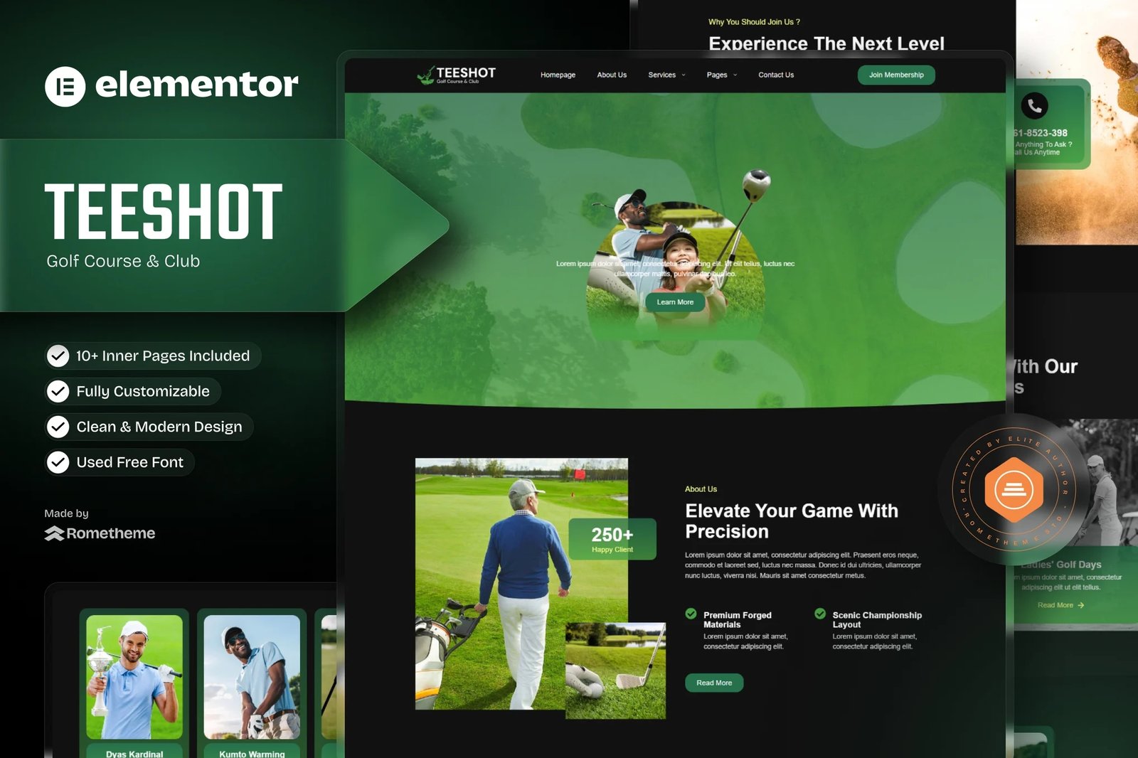 Teeshot - Kit de plantillas Elementor para campos y clubes de golf