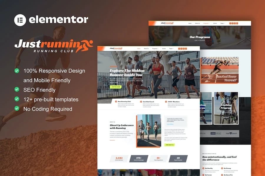 JustRunnin - Template Kit Elementor para clubes de corredores, maratones y eventos deportivos