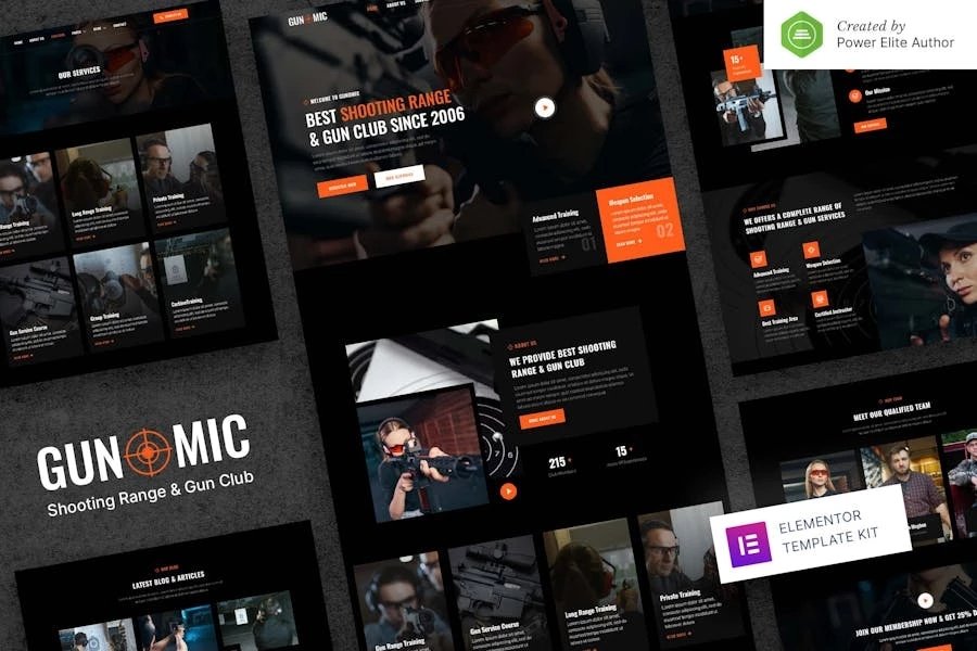 Gunomic Kit de plantillas Elementor para campos de tiro y club de tiro