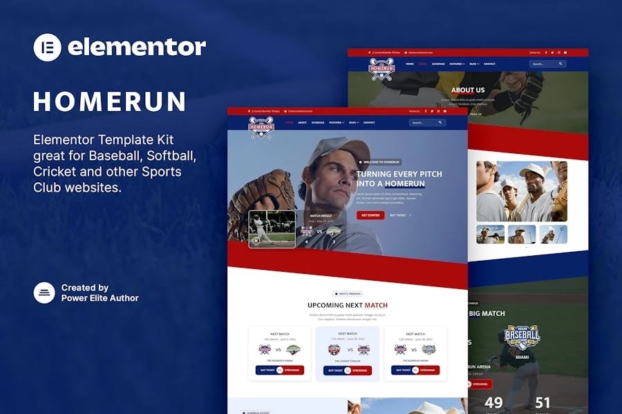 Homerun - Template Kit Elementor para equipo de béisbol y club deportivo