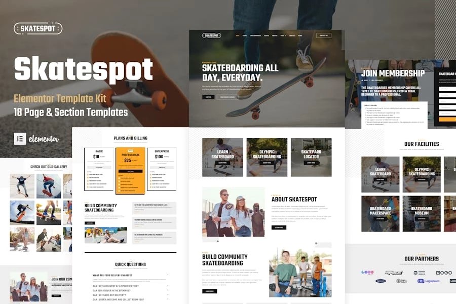 Skatespot - Template Kit Elementor Pro para comunidad de patinetas y parques de patinaje