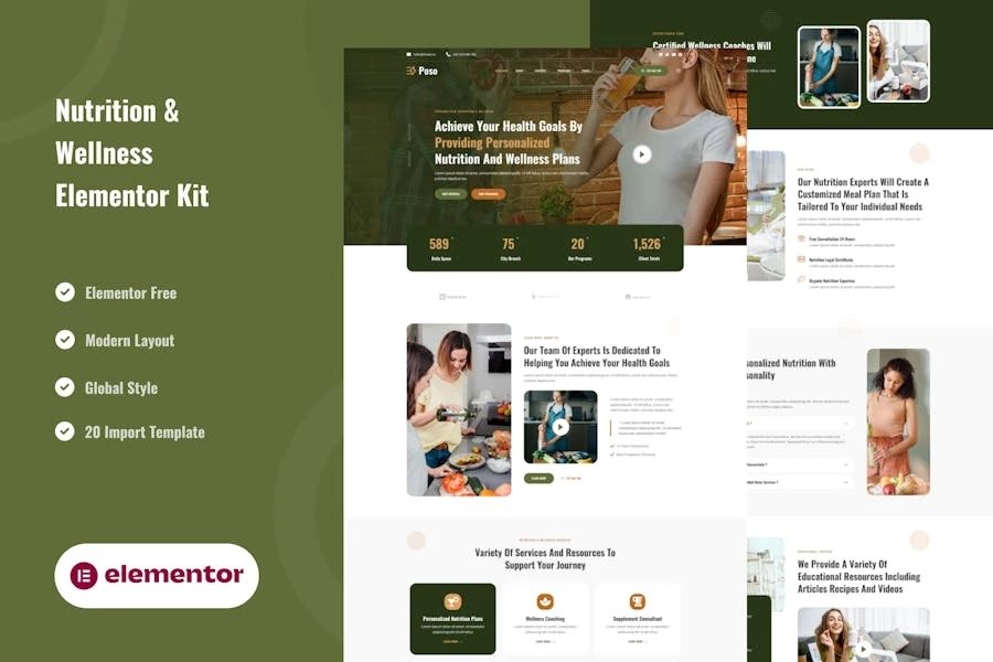 Poso - Template Kit Elementor personalizado de nutrición y bienestar