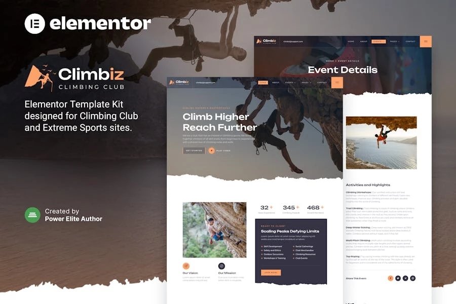 Climbiz Kit de plantillas Elementor para clubes de escalada y deportes extremos