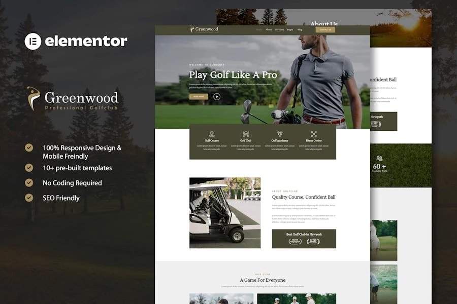 Greenwood - Kit de plantillas Elementor para clubes de golf y academias