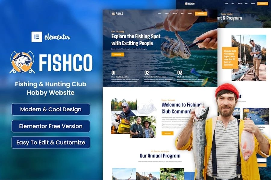 Fishco - Kit de plantillas Elementor para clubes de pesca y caza