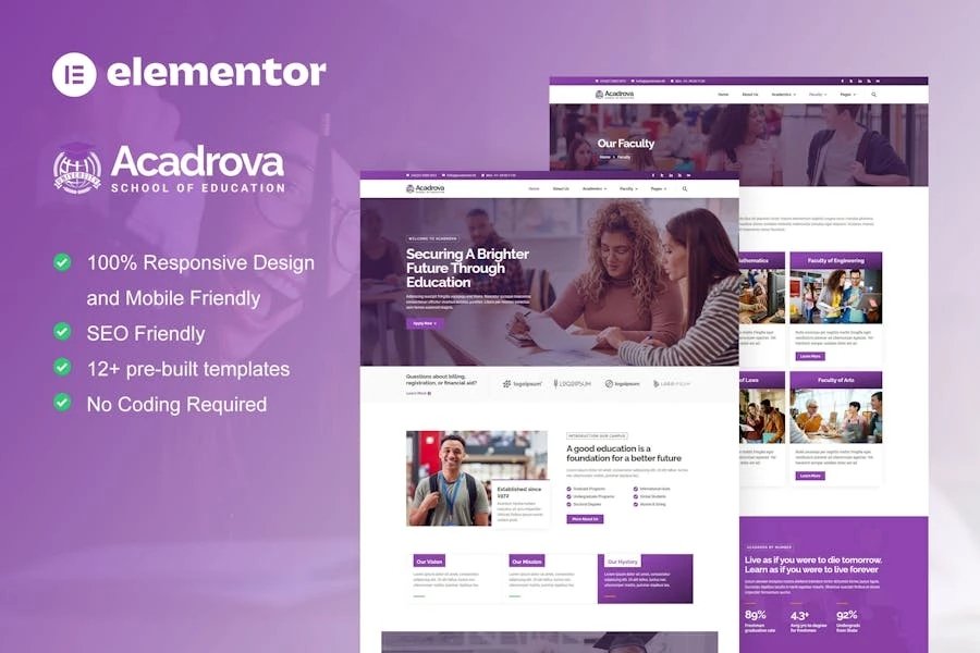 Acadrova - Template Kit Elementor Pro para educación universitaria y escolar