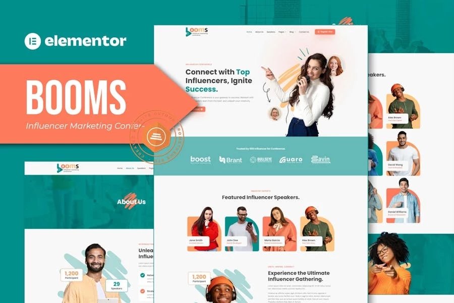 Booms - Kit de plantillas Elementor para conferencias de marketing de personas influyentes