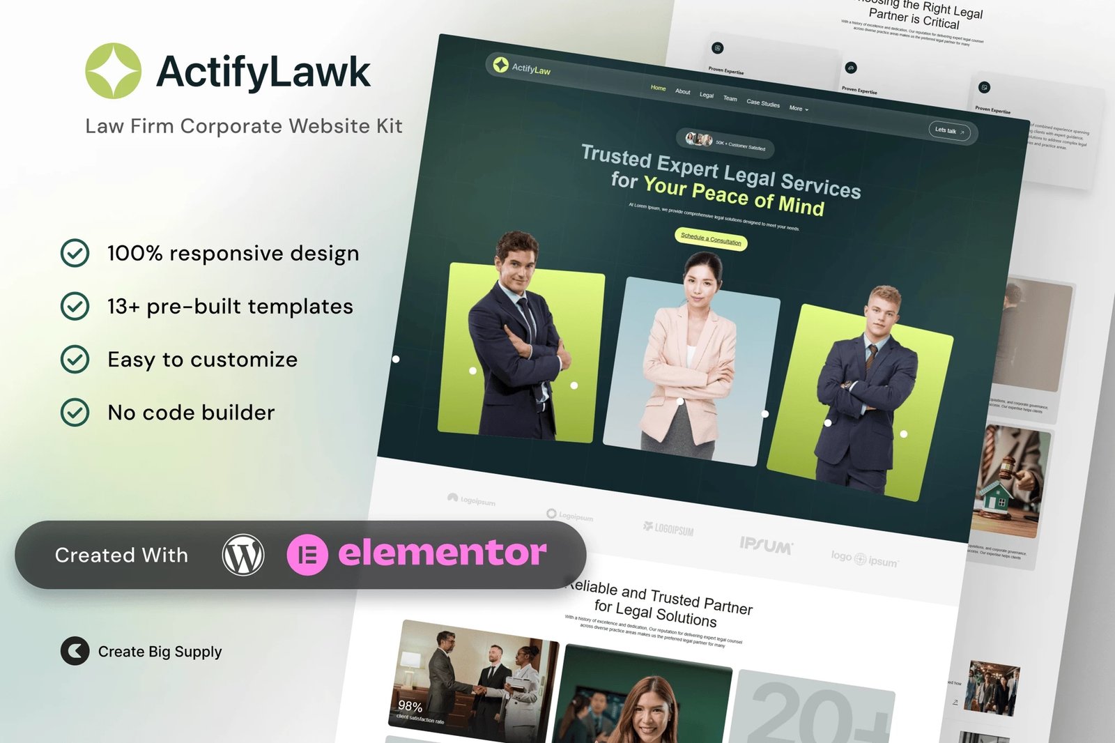 ActifyLaw - Kit de Plantillas Elementor Corporativas para Firmas de Abogados