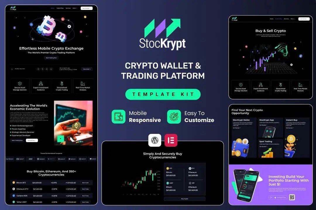 Stockrypt - Kit de plantillas Elementor para comercio e inversión en línea
