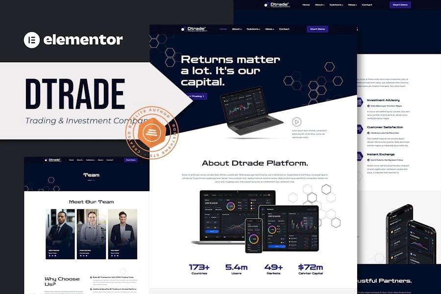 Dtrade - Template Kit Elementor para empresas de comercio e inversión